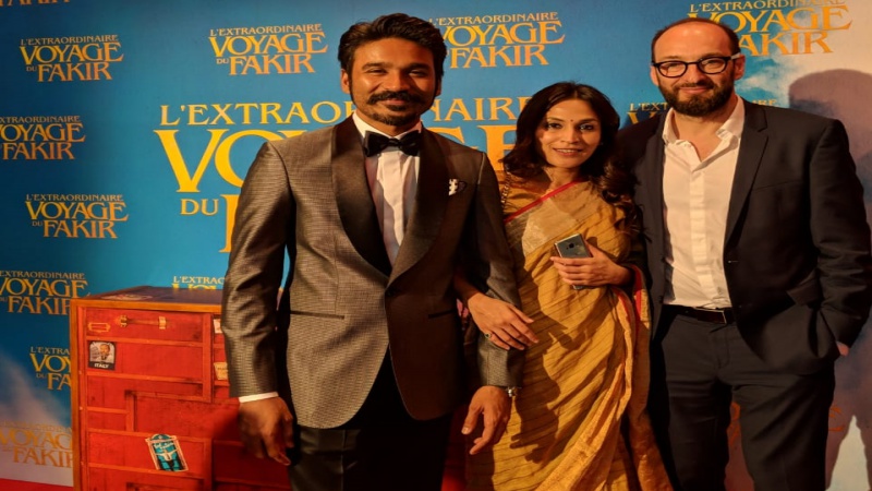 Dhanush at France premiere of Extraordinary Journey of Fakir with his wife, Aishwarya R.Dhanush and director Ken Scott